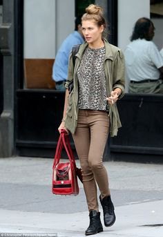 leopard print blouse with brown shirt jacket and matching jeans