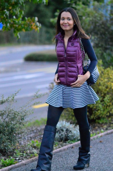 purple down vest with long sleeves that fits tee and checker tunic