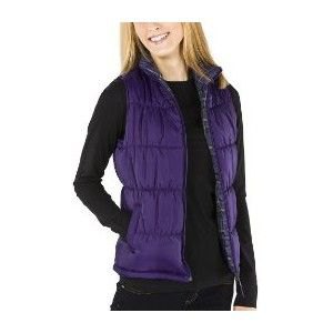 purple quilted vest with black long sleeve top and jeans