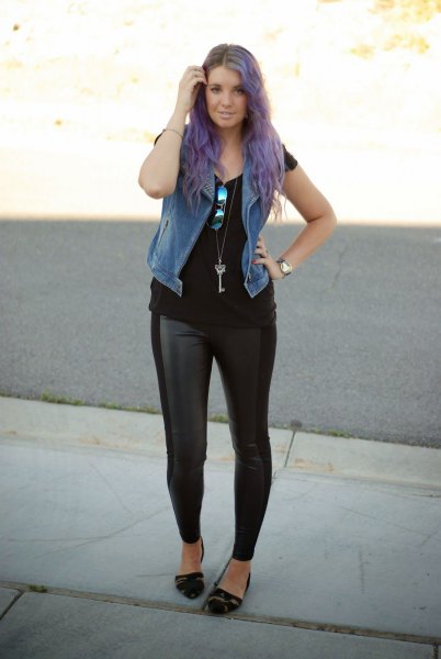 faux fur vest with black tee and leather legs