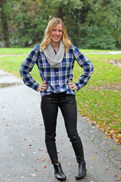 navy and white checkered boyfriend shirt with black jeans and boots