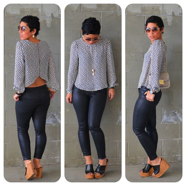 white and black polka dot cropped blouse with coated skinny jeans