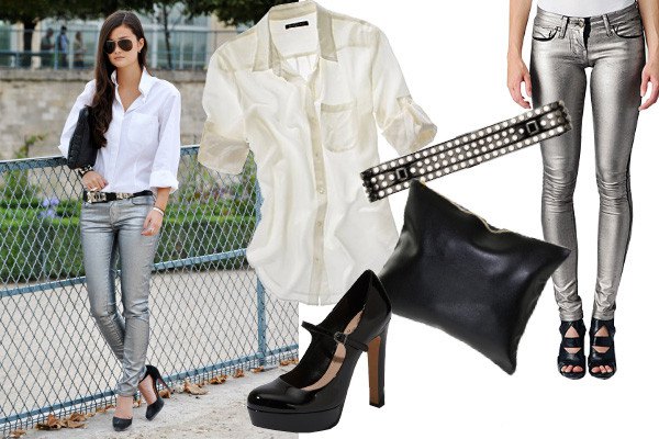 white button up shirt with silver skinny jeans