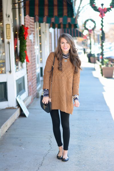 long light brown cable knit sweater with black and white striped top