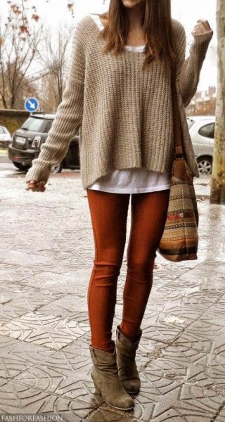 coffee brown, slightly stretched knit sweater over the white tank