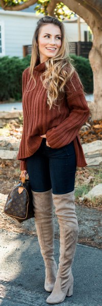 brown backpack with hollow neck with gray thigh high boots