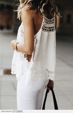 white crochet lace top with matching slim jeans