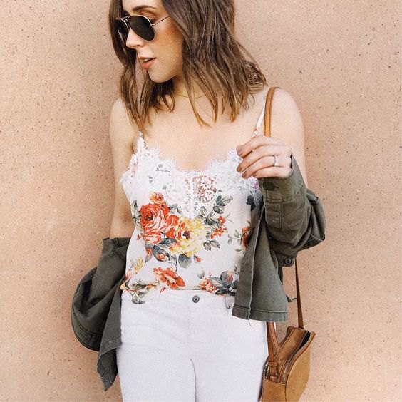 white floral embroidered lace tops with slim jeans