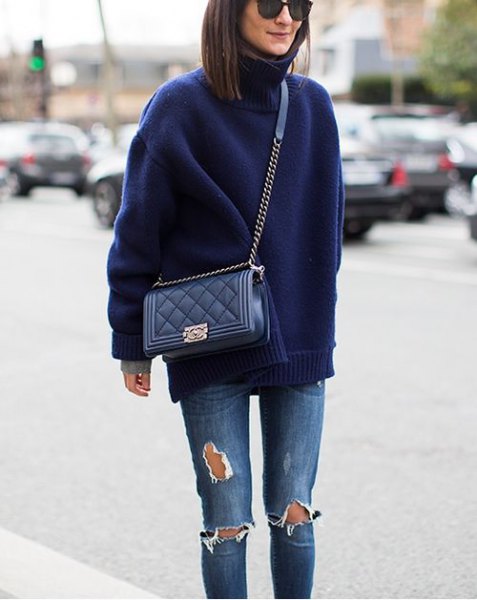 navy blue turtleneck sweater with ripped skinny jeans