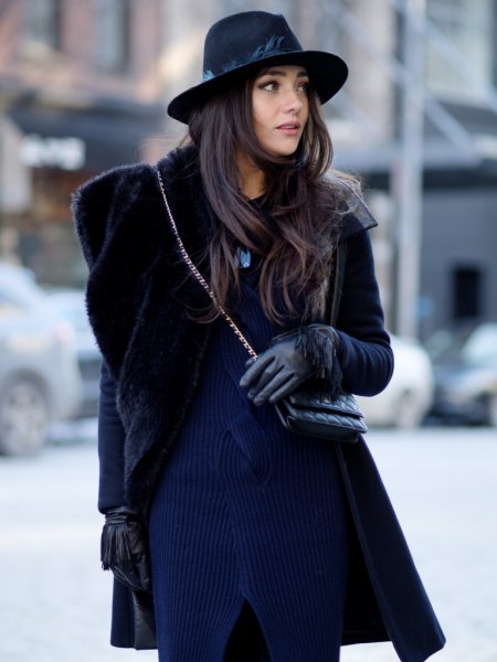 navy ribbed sweater dress with black fur coat