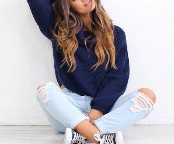 navy blue chunky ribbed sweater with boyfriends