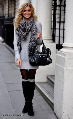 gray ribbed sweater dress with leopard print knit scarf