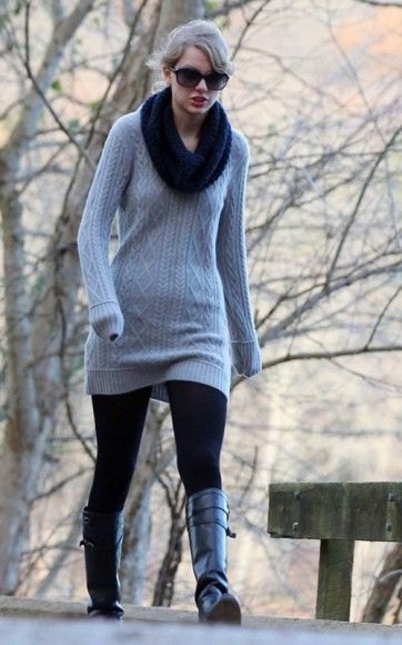 cable knit sweater dress with black infinity scarf
