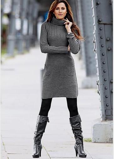 gray turtleneck sweater dress with black knee high leather shoes