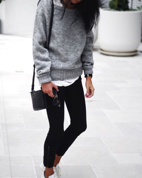 gray boat neck chunky sweater over white long tee