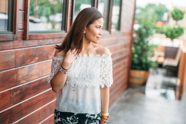 white from shoulder half lace and chiffon top with black floral printed skirt