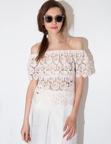semi sheer lace top with wide leg white linen trousers