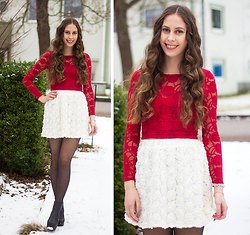 red long-sleeved lace top with white waist in high waist