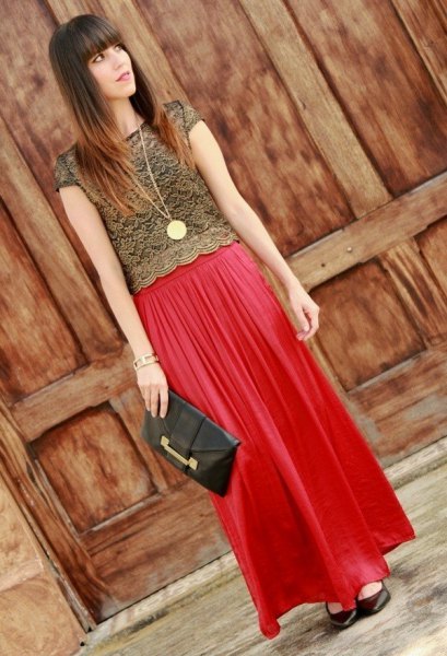 red lace top with matching maxi pleated chiffon skirt