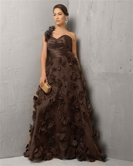 chocolate brown, strapless fit and floor length flare