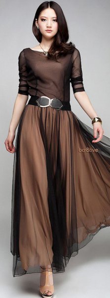 belt brown chiffon pleated maxi dress