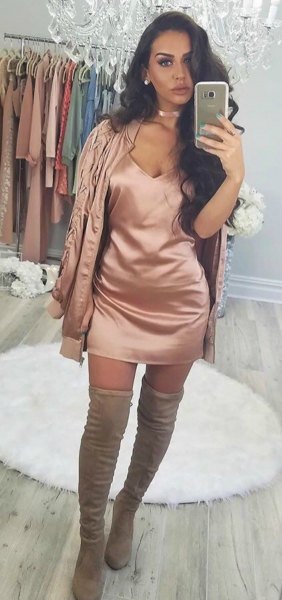 pink gold silk deep v-neck mini bodycon skirt with matching jacket