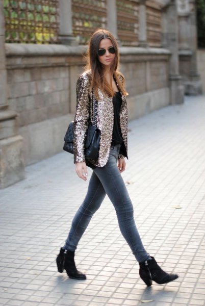 pink gold sequin blazer jacket with gray skinny jeans