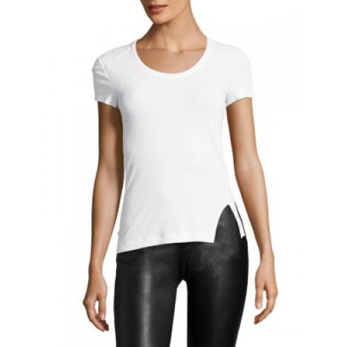 white form tee with black leather leggings