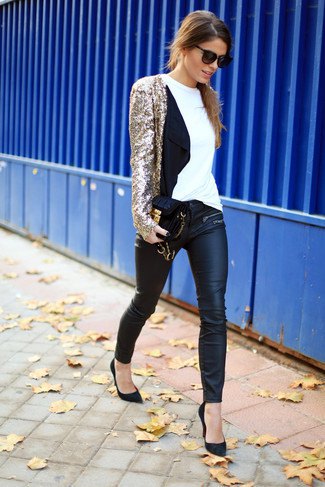 gold sequin jacket with black leather leggings