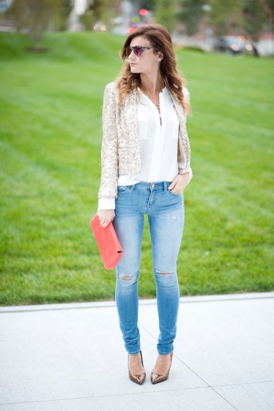 white chiffon blouse and light blue skinny jeans