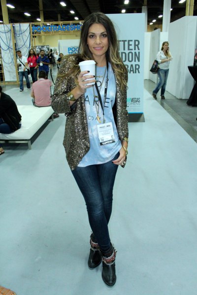 gold casual fit sequin jacket with white print