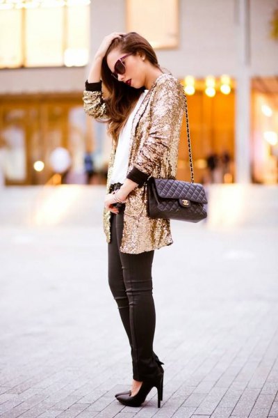 large sequin jacket with black skinny jeans