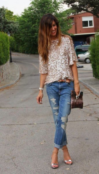 pink gold half-heated sequin shirt with ripped cuffed jeans