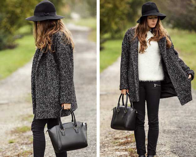 Heather gray sweater skirt with black floppy hat and skinny jeans