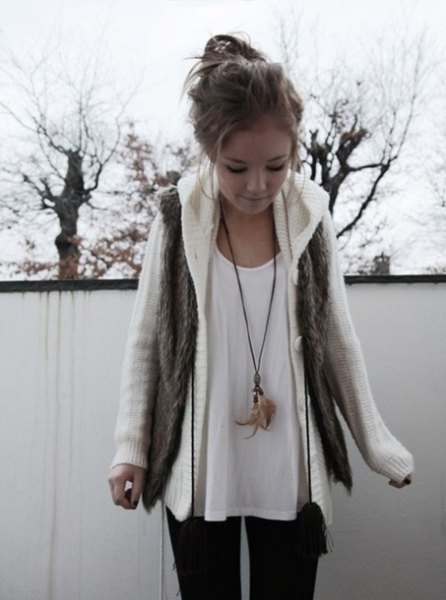 white cable knit sweater jacket with tee scoop