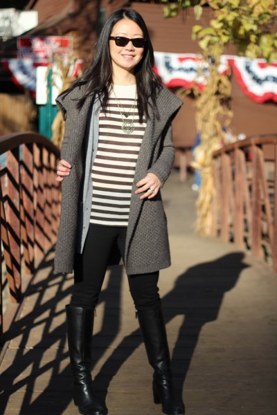 gray sweater jacket with black and white striped top