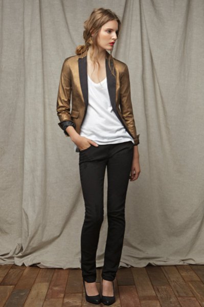 gold slim fit blazer with white vest top and black skinny jeans