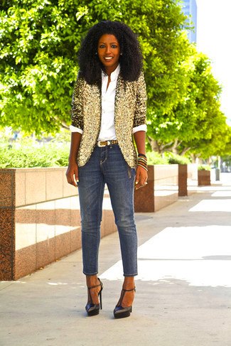 gold sequin half-heated blazer with cropped slim jeans