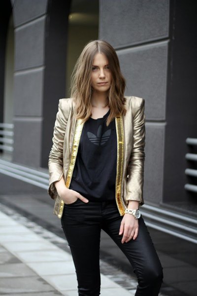 gold blazer with black tee and leather leggings