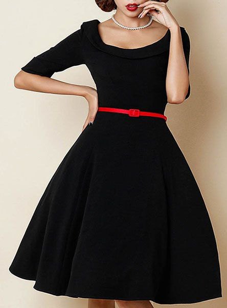 black half-heated fit and flare coated knee-length dress