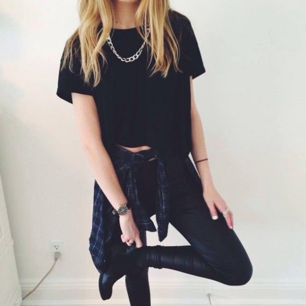 cropped black tee with leather clothes