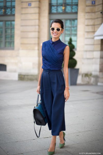 navy sleeveless collar shirt with matching trousers with wide legs