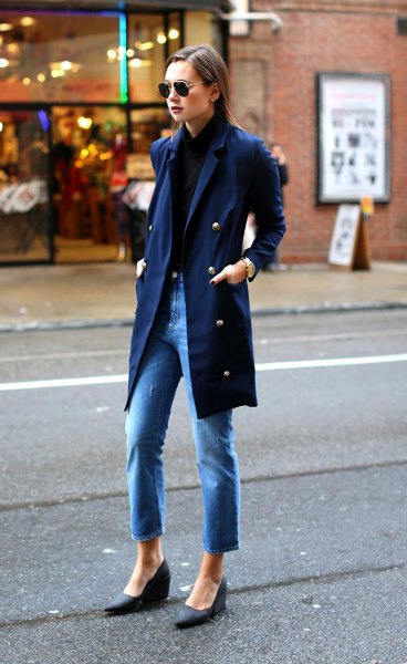 navy blue shirt with matching long trench coat