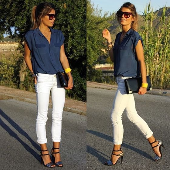 sleeveless butotn shirt with white skinny cuffed jeans