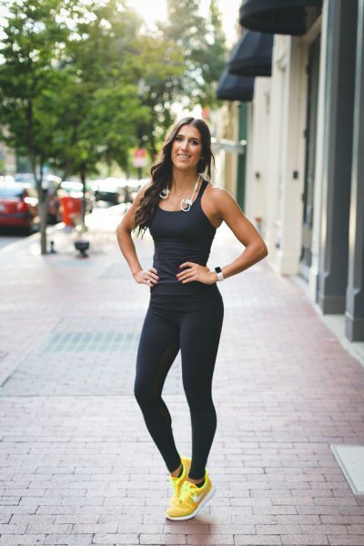 black form fitting top with running tights