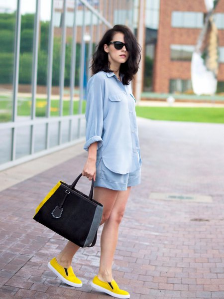 light blue cotton top shirt with matching floating shorts and yellow shoes