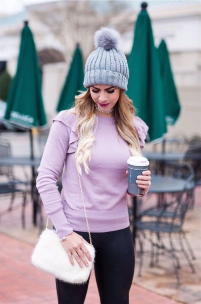 light purple fitted sweater with matching knitted hat