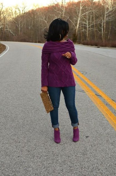 folder shoulder boat neck cable knitted sweater with purple boots