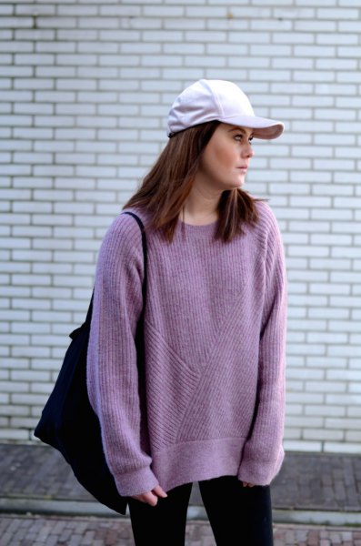 purple oversized sweater with white baseball cap