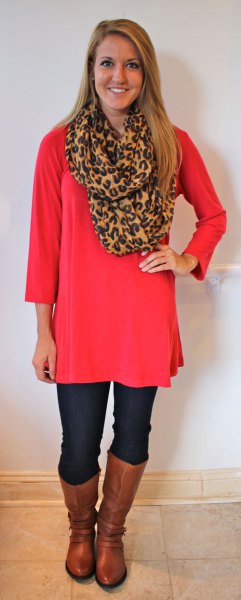 red long sleeve tunic with leopard print